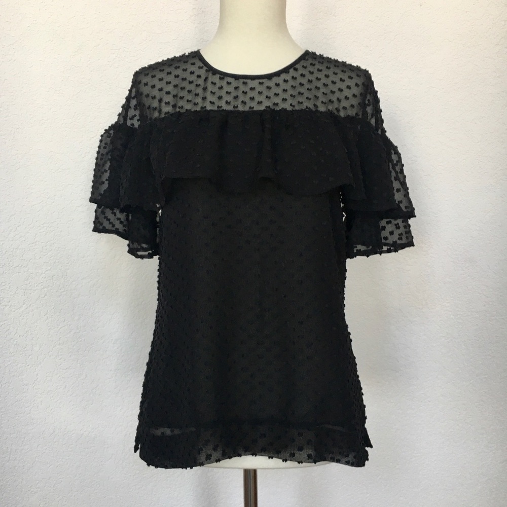 NWT JCrew black Swiss dot ruffle blouse sz 0